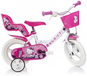 Dino Hello Kitty Meisjesfiets Kinderfiets voor Meisjes 12 Inch 21 cm Doortrapper Wit Roze