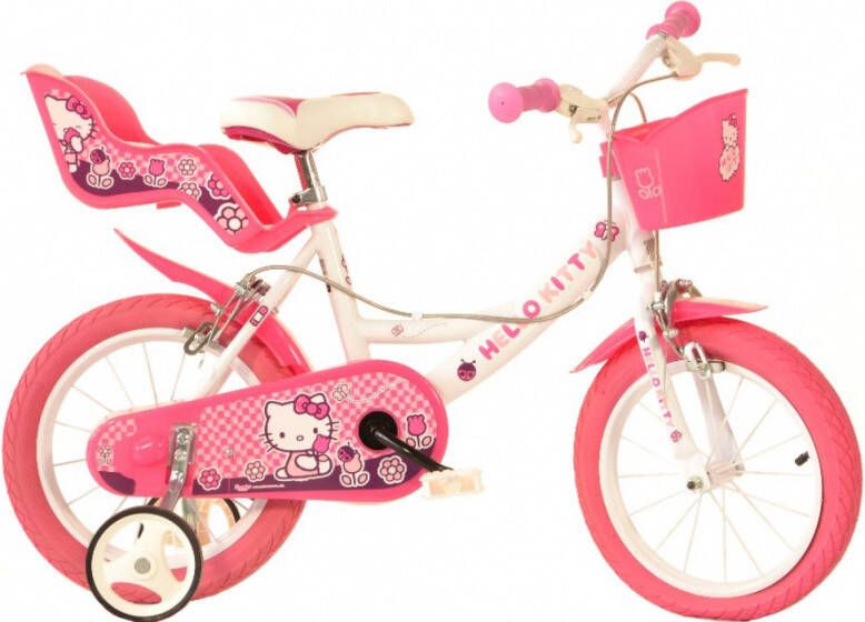 Dino Hello Kitty Meisjesfiets Kinderfiets voor Meisjes 14 Inch 23 cm Knijprem Wit Roze