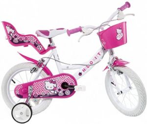 Dino Hello Kitty Meisjesfiets Kinderfiets voor Meisjes 16 Inch 27 cm Knijprem Wit Roze