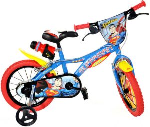 Dino Superman Jongensfiets Kinderfiets voor Jongens 14 Inch 24 cm Knijprem Blauw Rood
