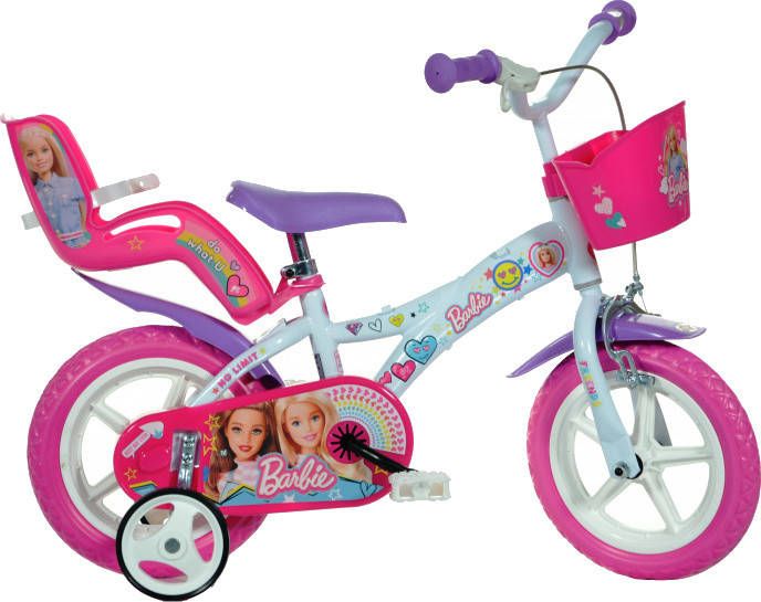 Dino Barbie Meisjesfiets Kinderfiets voor Meisjes 12 Inch 21 cm Doortrapper Wit Roze